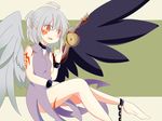  :d adapted_costume ahoge asymmetrical_wings bare_arms bare_legs barefoot black_wings blush buna_shimeji_(keymush) chain choker collared_dress cuffs dark_persona dress dress_shirt facial_tattoo grey_wings half_updo index_finger_raised kishin_sagume open_mouth shackles shirt short_hair shoulder_tattoo smile solo tattoo third_eye touhou v-shaped_eyebrows wings 