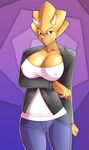  anthro breasts cleavage clothed clothing cocky_smile dana dinosaur invalid_color jacket jeans marik_azemus34 pants triceratops white_shirt 
