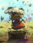  barefoot bird blonde_hair bottle bow commentary death dying falling hair_bow koto_inari medicine_melancholy parasol poison red_skirt short_hair skirt touhou tub umbrella 