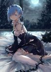  bai_qi-qsr ball_and_chain bare_shoulders blue_eyes blue_hair breasts chain detached_collar detached_sleeves dress eyes_visible_through_hair flail frilled_dress frills from_side full_moon hair_ornament hair_over_one_eye hair_ribbon hands_on_floor light_rays looking_at_viewer maid maid_headdress medium_breasts moon morning_star night pink_ribbon re:zero_kara_hajimeru_isekai_seikatsu rem_(re:zero) ribbon short_hair sitting smile solo thighhighs weapon white_legwear window x_hair_ornament 