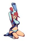  arms_up bajima_shouhei blue_eyes boots breasts fuuro_(pokemon) gloves gym_leader hair_ornament highres knee_boots large_breasts long_hair midriff navel one_eye_closed open_mouth pokemon pokemon_(game) pokemon_bw red_hair sitting smile solo wariza 
