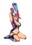  arms_up bajima_shouhei blue_eyes boots breasts cleavage fuuro_(pokemon) gloves groin gym_leader hair_ornament highres knee_boots large_breasts long_hair midriff navel one_eye_closed open_mouth pokemon pokemon_(game) pokemon_bw red_hair sideboob sitting smile solo thighs wariza 