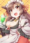  alternate_costume animal_ears apron bell bell_collar blush breasts brooch brown_eyes brown_hair bursting_breasts cleavage collar drink enmaided eyebrows eyebrows_visible_through_hair fang fun_bo hair_ornament hair_ribbon hairpin imaizumi_kagerou jewelry juliet_sleeves large_breasts long_hair long_sleeves maid maid_apron maid_headdress nail_polish open_mouth plaid plaid_background puffy_sleeves red_nails ribbon solo touhou tray wide_sleeves wolf_ears 