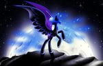  black_feathers blue_hair cosmic_hair cutie_mark equine feathered_wings feathers female feral flamevulture17 friendship_is_magic hair hooves horn mammal moon my_little_pony nightmare_moon_(mlp) solo space star winged_unicorn wings 