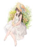  bare_legs barefoot blue_bow blush bow brown_eyes brown_hair chair closed_mouth collared_dress cup dress drink drinking_glass food from_above fruit full_body hat hat_bow hat_ornament holding holding_cup knees_together_feet_apart lemon lemon_slice lemonade liquid long_hair looking_to_the_side original plant sime_(echo) sitting sleeveless sleeveless_dress smile solo straw_hat striped sundress vertical-striped_dress vertical_stripes wing_collar 