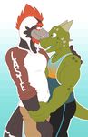  2016 anthro anti_dev avian beak biceps bird clothed clothing cute digital_media_(artwork) duo facial_hair feathers hi_res horn hug male male/male muscular muscular_male open_mouth reptile scales scalie simple_background smile 