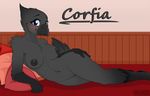  2016 anthro areola avian bird breasts colarix corfia_(character) corvid crow digital_media_(artwork) feathers female lying nude pillow pussy simple_background smile solo tail_feathers 