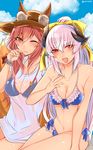  :d ;3 animal_ears bikini bikini_under_clothes blue_bikini blush bow bracelet breasts cleavage cloud day ears_through_headwear fate/grand_order fate_(series) fox_ears fox_tail hair_bow hat highres horns jewelry kiyohime_(fate/grand_order) kiyohime_(swimsuit_lancer)_(fate) large_breasts long_hair looking_at_viewer midriff multiple_girls navel open_mouth pink_hair red_eyes shirt shisei_(kyuushoku_banchou) smile swimsuit t-shirt tail tamamo_(fate)_(all) tamamo_no_mae_(fate) tamamo_no_mae_(swimsuit_lancer)_(fate) twitter_username wet wet_clothes wet_shirt wet_t-shirt yellow_eyes 