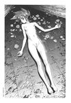  1girl 90s bangs barefoot breasts cleft_of_venus closed_mouth dithering expressionless eyelashes flower full_body greyscale highres holding holding_flower key_the_metal_idol looking_at_viewer lying mima_tokiko miyakawa_hajime monochrome navel nipples nude on_back on_floor petals pussy rose rose_petals small_breasts solo source_request spiked_hair tile_floor tiles uncensored 