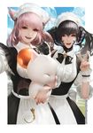  :d absurdres animal_ears au_ra black_hair blue_sky breasts carrying cat_ears cloud cloudy_sky commentary_request day double_v dragon_horns final_fantasy final_fantasy_xiv highres horns large_breasts long_hair looking_at_viewer maid maid_headdress miqo'te mog monkey_buonarroti moogle multiple_girls open_mouth pink_hair purple_eyes red_eyes sky slit_pupils smile twintails underbust v wrist_cuffs 