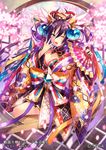  black_hair blue_eyes bow breasts cherry_blossoms cleavage company_name crystal_ball fan hair_ornament japanese_clothes konumahime large_breasts long_hair official_art one_eye_closed open_mouth sengoku_taisen solo sphere teeth very_long_hair yonetuki 
