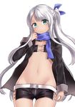  black_jacket black_shorts blue_ribbon blue_scarf blush closed_mouth cowboy_shot eyebrows eyebrows_visible_through_hair flat_chest green_eyes groin hair_ribbon head_tilt highres jacket long_hair long_sleeves looking_at_viewer navel neit_ni_sei open_clothes open_jacket original ribbon scarf short_shorts shorts sidelocks silver_hair simple_background sleeves_rolled_up smile solo standing stomach thigh_gap very_long_hair white_background zipper 