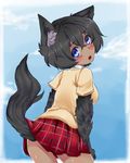  animal_ears black_fur black_hair blue_eyes blue_sky blush caleana cloud dark_skin day from_behind fur highres looking_at_viewer looking_back open_mouth original paws plaid plaid_skirt short_hair signature skirt sky solo sweater tail wolf_ears wolf_girl wolf_tail 
