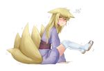  1girl :&lt; animal_ears blonde_hair blush caleana ears_down fox_ears fox_tail full-face_blush inari_(monster_girl_encyclopedia) long_hair looking_back monster_girl_encyclopedia multiple_tails sandals simple_background sitting solo squiggle tail thighhighs white_background white_legwear yellow_eyes 