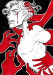  blood bloody_tears hands hatching_(texture) ink_(medium) jojo_no_kimyou_na_bouken kira_yoshikage male_focus marker_(medium) open_mouth partially_colored rozarita saliva shirtless solo_focus traditional_media 