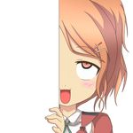  ahegao aquila_(kantai_collection) eyebrows eyebrows_visible_through_hair green_ribbon hair_ornament hairclip high_ponytail kantai_collection long_hair looking_at_viewer nagineko open_mouth orange_hair peeking_out red_eyes ribbon solo transparent_background 