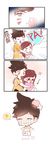  4koma bangs barefoot blush breast_grab breast_hold breasts brown_eyes brown_hair bubble_blowing chewing_gum comic d.va_(overwatch) eyebrows eyebrows_visible_through_hair facepaint facial_mark freckles full-face_blush grabbing harness head_bump highres hug hug_from_behind long_hair multiple_girls overwatch pink_shirt shell_(shell518) shirt short_sleeves shorts sitting spiked_hair startled strap sweatdrop tracer_(overwatch) waking_up whisker_markings yellow_shirt yuri 