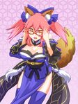  animal_ears bell bell_collar bespectacled blue_legwear bow breasts cleavage collar commentary_request detached_sleeves fate/extra fate_(series) fox_ears fox_tail garutaisa glasses hair_bow hair_ribbon japanese_clothes large_breasts pink_hair red-framed_eyewear ribbon solo tail tamamo_(fate)_(all) tamamo_no_mae_(fate) twintails yellow_eyes 