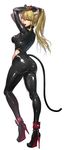  ;d animal_ears ankle_cuffs arms_up ass bad_id bad_twitter_id bangs biker_clothes bikesuit black_gloves blonde_hair bodysuit breasts cat_ears cat_tail fingerless_gloves from_behind gloves hair_between_eyes hands_on_own_head high_heels highres leotard lips lipstick looking_at_viewer looking_back makeup manjji medium_breasts one_eye_closed open_mouth original ponytail red_eyes red_lips red_lipstick shiny shiny_clothes simple_background smile solo tail teeth white_background 