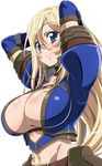 absurdres armor arms_behind_head arms_up asuru_(armor) blonde_hair blue_eyes blush breasts center_opening clarice_(mezeporta_kaitaku-ki) cleavage closed_mouth commentary_request elbow_gloves gloves goridou groin highres large_breasts long_hair looking_at_viewer monster_hunter monster_hunter_mezeporta_kaitaku-ki navel puffy_short_sleeves puffy_sleeves purple_gloves short_sleeves simple_background smile solo stomach upper_body white_background 