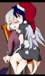  bad_id bad_pixiv_id blue_eyes blue_hair blush body_blush bottomless buna_shimeji_(keymush) chair closed_eyes commentary cuffs doremy_sweet dress error grey_hair hat highres implied_fingering implied_sex kishin_sagume layered_dress leg_lock legs_together letterboxed licking_lips multiple_girls nightcap open_clothes shackles shirt short_hair single_wing sitting straddling sweat tail tapir_tail tears tongue tongue_out torn_clothes torn_shirt touhou upright_straddle wing_hug wings yuri 