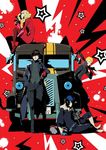  3boys amamiya_ren black_hair blonde_hair blue_hair car citroen_h_van gloves ground_vehicle gun jpeg_artifacts kitagawa_yuusuke morgana_(persona_5) motor_vehicle multiple_boys official_art persona persona_5 sakamoto_ryuuji short_hair takamaki_anne twintails van weapon 