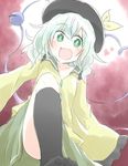  blush bow eyebrows eyebrows_visible_through_hair from_below green_eyes green_hair hat hat_bow heart komeiji_koishi long_sleeves nobamo_pieruda open_mouth solo stomping third_eye touhou wide_sleeves 