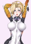  arm_behind_head arms_up blonde_hair blue_eyes bodysuit breastplate breasts breasts_apart covered_navel gggg hand_on_own_arm headgear highres large_breasts looking_at_viewer mechanical_halo mercy_(overwatch) no_wings open_mouth overwatch purple_background short_hair simple_background solo turtleneck upper_body wide_hips 