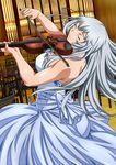  backless_dress backless_outfit bare_back blue_dress chouun_shiryuu closed_eyes dress from_behind ikkitousen indoors instrument long_hair music playing_instrument silver_hair solo violin 