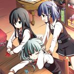  :3 :d :o ;t alternate_eye_color arms_on_table asashio_(kantai_collection) backpack bag belt black_hair black_legwear black_ribbon blue_eyes blue_hair blush book buttons chair desk dress eyebrows eyebrows_visible_through_hair green_ribbon grey_hair hair_ribbon hands_on_another's_shoulders highres kantai_collection kasumi_(kantai_collection) kneehighs lifebuoy long_hair long_sleeves looking_at_another multiple_girls naiibu neck_ribbon ooshio_(kantai_collection) open_mouth origami paper_hat paper_kabuto pinafore_dress randoseru red_ribbon remodel_(kantai_collection) rensouhou-chan ribbon school_uniform side_ponytail silver_eyes sitting sleeveless sleeveless_dress smile standing table twintails 