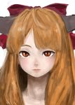  bow commentary_request eyelashes hair_bow highres horns ibuki_suika kanrobi lips long_hair looking_at_viewer orange_hair realistic red_bow red_eyes slit_pupils solo touhou upper_body 