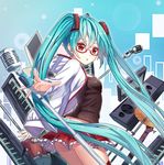  alternate_eye_color aqua_hair bad_id bad_pixiv_id breasts chestnut_mouth chunrijun_(springer) commentary_request cowboy_shot drum earrings frilled_skirt frills from_side glasses hair_ornament hatsune_miku hood hoodie instrument jewelry keyboard_(instrument) long_hair looking_at_viewer microphone microphone_stand miniskirt plaid plaid_skirt red-framed_eyewear red_eyes red_legwear red_skirt skirt small_breasts solo speaker tank_top thighhighs twintails very_long_hair vocaloid 
