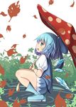  blue_bow blue_eyes blue_footwear blue_hair blue_shirt blue_skirt blush boots bow cirno commentary_request falling_leaves from_side full_body hair_bow holding holding_umbrella ice ice_wings leaf looking_away looking_up mushroom oimo_(imoyoukan) open_mouth plant pond puffy_short_sleeves puffy_sleeves rubber_boots shirt short_hair short_sleeves skirt skirt_set solo squatting standing standing_on_liquid touhou umbrella wings 