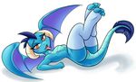  2016 ambris anthro anus armpits blue_scales blush clothing dragon fangs female friendship_is_magic horn legs_up legwear looking_at_viewer lying membranous_wings my_little_pony nude open_mouth princess_ember_(mlp) pussy scales scalie simple_background solo stockings tongue tongue_out white_background wings 