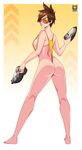  absurdres artist_name ass bangs bare_shoulders barefoot breasts brown_eyes brown_hair closed_mouth dual_wielding ear_piercing finger_on_trigger freckles from_behind goggles gun handgun highres holding holding_gun holding_weapon kyoffie12 large_breasts legs_apart lips long_legs looking_at_viewer looking_back overwatch piercing pink_lips sideboob slingshot_swimsuit solo spiked_hair swept_bangs swimsuit thong tracer_(overwatch) weapon yellow_swimsuit 