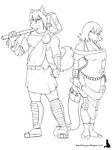  anthro armor canine clothed clothing duo female hammer machete male mammal melee_weapon monochrome natysanime reptile scalie snake standing tools weapon 