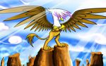  4_fingers absurd_res avian beak brown_feathers brown_fur crossed_arms day feathered_wings feathers feral flamevulture17 friendship_is_magic fur gilda_(mlp) gryphon hi_res my_little_pony nude outside sky smile solo standing sun wings yellow_beak 