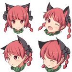  :o ;d ^_^ animal_ears black_bow blush bow braid cat_ears closed_eyes commentary_request expressions extra_ears fang hair_bow kaenbyou_rin looking_at_viewer multiple_views oimo_(imoyoukan) one_eye_closed open_mouth pointy_ears red_eyes red_hair smile touhou twin_braids white_background 