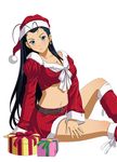  belt black_hair blue_eyes boots bow box breasts cleavage collarbone earrings front-tie_top gift gift_box hat ikkitousen jewelry kakouen_myousai large_breasts long_hair magatama magatama_earrings midriff navel red_bow red_hat red_skirt ribbon santa_boots santa_costume santa_hat simple_background sitting skirt solo white_background white_ribbon 