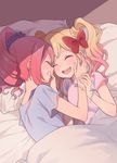  aikatsu!_(series) aikatsu_stars! bed bed_sheet blonde_hair blue_shirt blush bow bracelet closed_eyes frills gobou_1000 gradient_hair grin hair_bow hand_on_another's_cheek hand_on_another's_face happy jewelry multicolored_hair multiple_girls nijino_yume on_bed open_mouth pillow pink_hair pink_shirt red_bow red_hair sakuraba_rola shirt short_sleeves sidelocks smile twintails yuri 