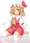  alternate_hairstyle ascot blonde_hair blush bow closed_mouth commentary_request crystal fang flandre_scarlet frilled_shirt_collar frills full_body hat hat_ribbon looking_at_viewer mob_cap no_shoes oimo_(imoyoukan) over-kneehighs puffy_short_sleeves puffy_sleeves red_bow red_eyes red_ribbon red_skirt red_vest reflective_floor ribbon short_sleeves sitting skirt skirt_set smile solo thighhighs thighs touhou vest wariza white_legwear wings 