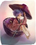  barefoot bowl bowl_hat full_body hat holding_needle in_bowl in_container japanese_clothes kimono minigirl needle obi purple_hair red_eyes sash simple_background solo sukuna_shinmyoumaru touhou wide_sleeves zeni 