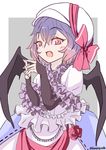  bat_wings blush_stickers dress elbow_gloves embellished_costume fang fingerless_gloves flower frilled_dress frills gloves grey_background hands_clasped hat hat_ribbon highres interlocked_fingers kanrobi lavender_hair layered_dress looking_at_viewer open_mouth own_hands_together puffy_short_sleeves puffy_sleeves red_eyes red_flower red_rose remilia_scarlet ribbon rose sash short_hair short_sleeves slit_pupils solo touhou twitter_username wings 