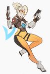  black_gloves blonde_hair bodysuit bomber_jacket commentary cosplay dual_wielding gloves goggles gun handgun harness high_ponytail highres holding jacket mercy_(overwatch) orange_bodysuit overwatch ponytail solo splashbrush swiss_flag tracer_(overwatch) tracer_(overwatch)_(cosplay) weapon 