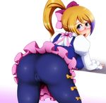  1girl anus aquarion_(series) aquarion_evol ass bent_over blue_eyes blush bow breast_rest breasts dress from_behind glasses gradient_hair hair_bow huge_ass large_breasts leaning leaning_forward long_hair long_sleeves looking_at_viewer looking_back mix_(aquarion) multicolored_hair no_panties open_mouth pantyhose ponpo ponytail purple_hair pussy school_uniform shiny shiny_clothes shiny_hair sideboob solo two-tone_hair 