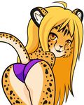  2016 amber_eyes animated anthro blonde_hair butt camel_toe cheetah clothing evov1 feline female hair long_hair looking_at_viewer mammal mihari panties presenting presenting_hindquarters smile solo spots underwear wiggle 