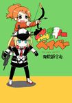  alternate_legwear aquila_(kantai_collection) arrow blonde_hair blue_eyes bow_(weapon) brown_eyes carrying german_flag graf_zeppelin_(kantai_collection) hair_ornament hairclip hat high_ponytail highres italian_flag kantai_collection kill_me_baby multiple_girls on_person on_shoulder open_mouth orange_hair parody rebecca_(keinelove) shoulder_carry sweat thighhighs title_parody translated weapon 