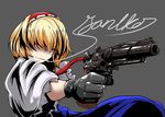  alice_margatroid black_gloves blonde_hair blue_dress cigarette cookie_(touhou) cursive dress from_side gloves grey_background grin gun hair_over_eyes hairband handgun highres holding holding_gun holding_weapon mouth_hold revolver shiny shiny_clothes shiny_hair signature simple_background smile smoke smoking solo torii5011 touhou upper_body weapon 