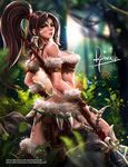  artist_name blush boots breasts brown_footwear brown_hair brown_nails chromatic_aberration dimples_of_venus fingernails forehead_jewel forest from_behind fur_trim green_eyes holding javier_estrada large_breasts leaf league_of_legends leg_up lens_flare long_hair looking_back nature nidalee outdoors parted_lips plant polearm ponytail realistic solo spear standing standing_on_one_leg tooth tooth_earrings watermark weapon web_address 