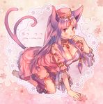 all_fours animal_ears barefoot blush breasts cat_ears cleavage dress espeon forked_tail gen_2_pokemon hat jewelry large_breasts long_hair moe_(hamhamham) paw_pose personification pink_dress pokemon purple_eyes purple_hair purple_hat solo tail 